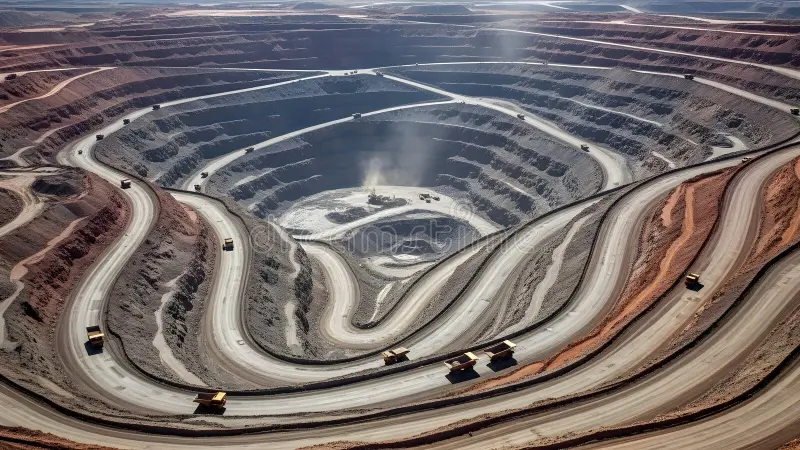 Aerial view of a vast open-pit mine with haul roads