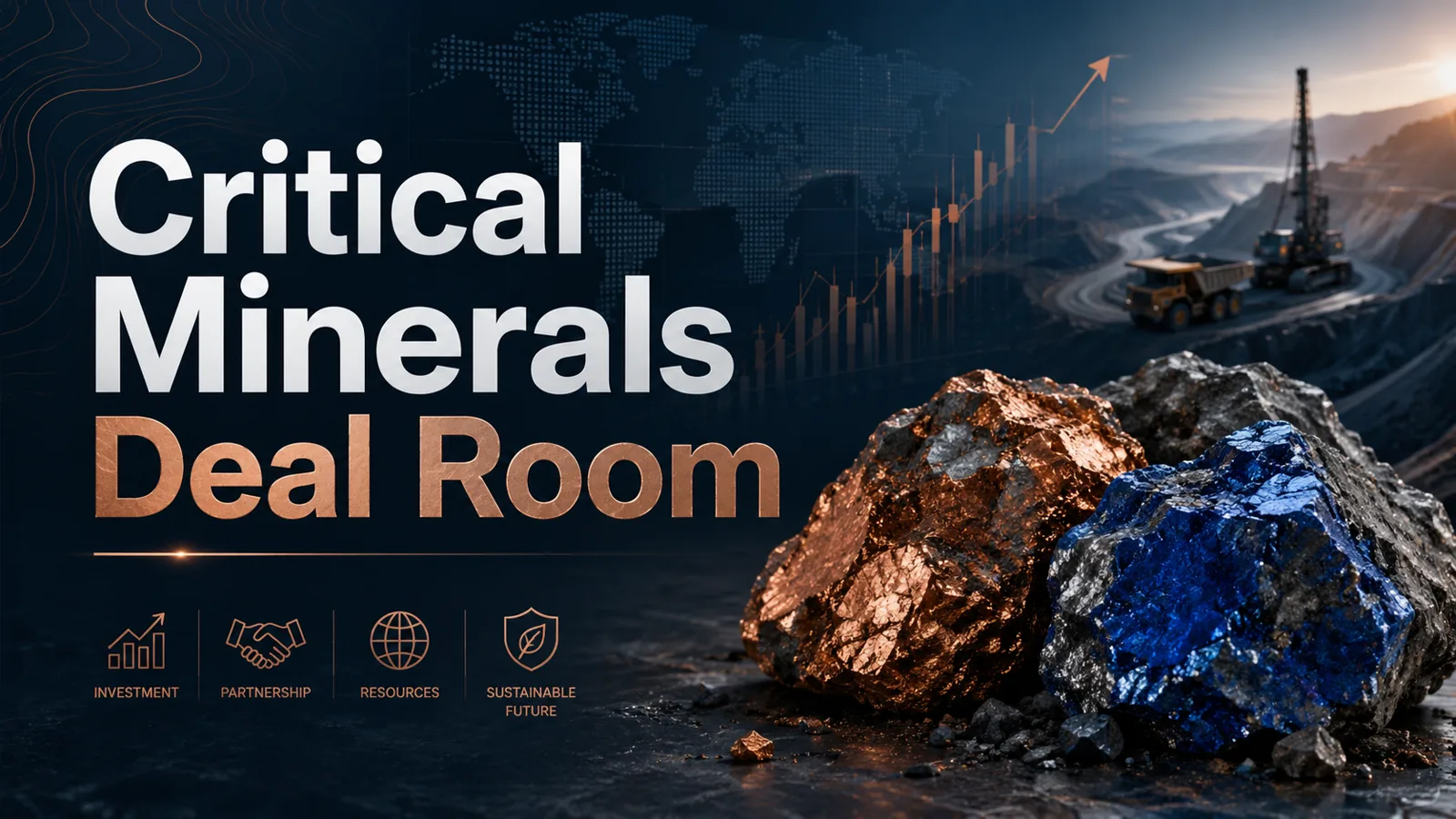 Critical Minerals Deal Room — copper and cobalt ore with global investment map and DRC mining operation