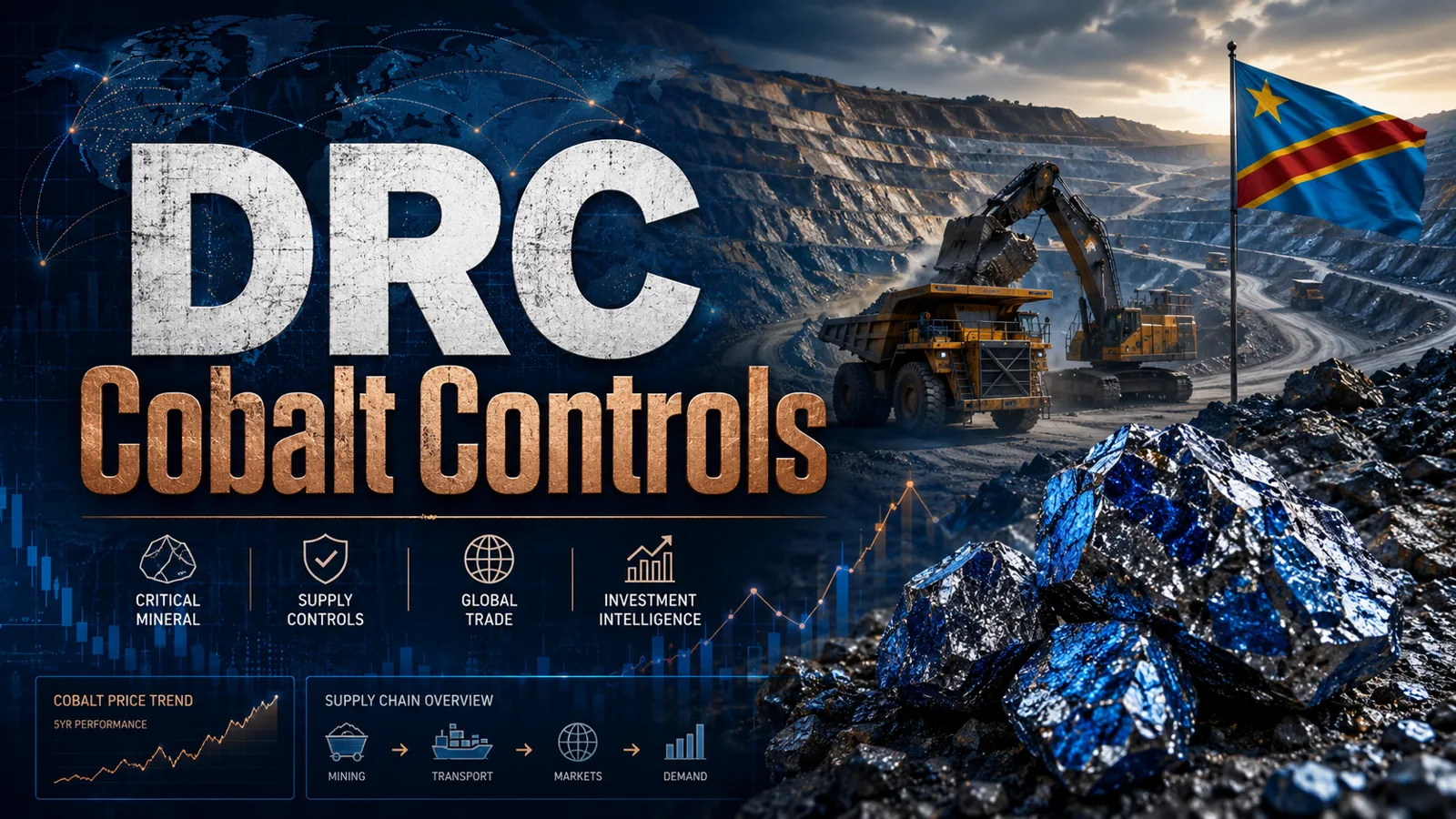 DRC cobalt controls — open-pit mining operation with Congolese flag and global supply-chain overlay